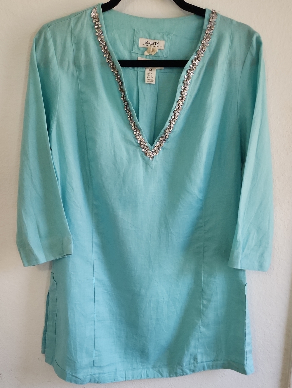 Resortwear ​Malvin Hamburg 100% Linen Beaded V Neck Tunic Top  Turquoise M